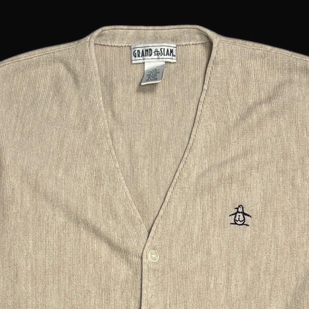 Grand Slam Mens Cardigan Sweater Tan Beige V-Neck Penguin Logo Size Large
